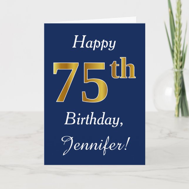 Blue, Faux Gold 75th Birthday + Custom Name Card (Front)