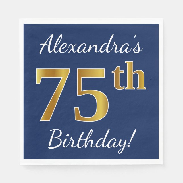 Blue, Faux Gold 75th Birthday + Custom Name Napkin (Front)