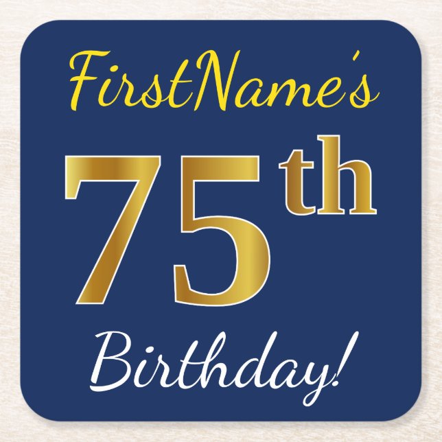 Blue, Faux Gold 75th Birthday + Custom Name Square Paper Coaster (Front)