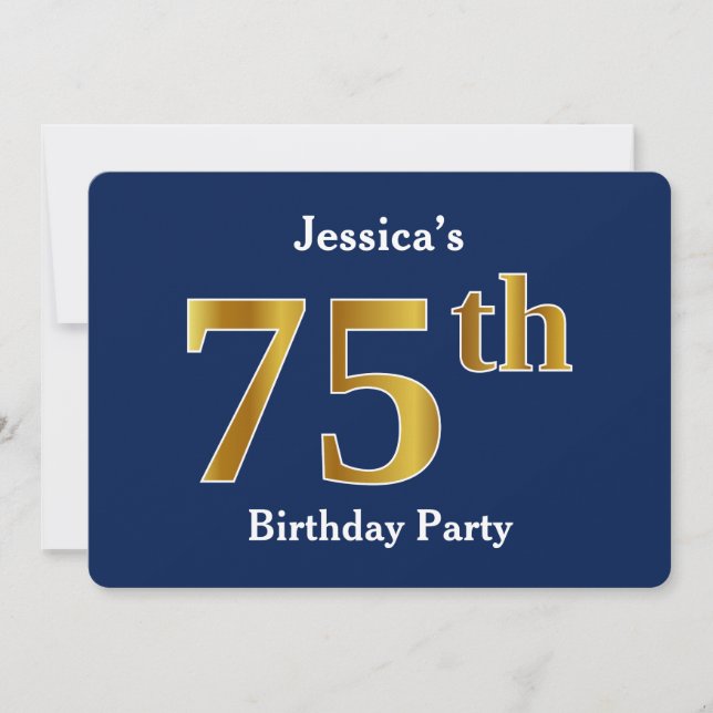 Blue, Faux Gold 75th Birthday Party + Custom Name Invitation (Front)