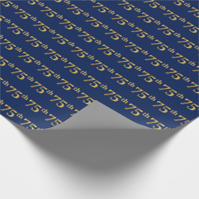 Blue, Faux Gold 75th (Seventy-Fifth) Event Wrapping Paper (Corner)