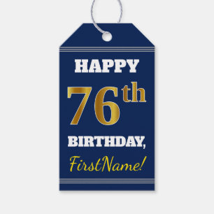 Blue, Faux Gold 76th Birthday + Custom Name Gift Tags