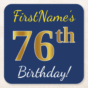 Blue, Faux Gold 76th Birthday + Custom Name Square Paper Coaster