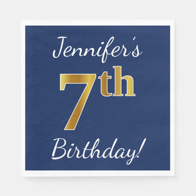 Blue, Faux Gold 7th Birthday + Custom Name Napkin (Front)