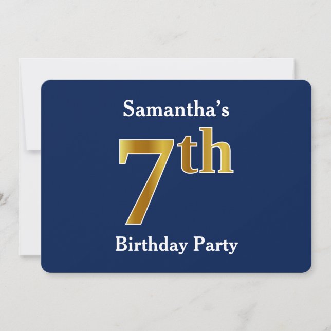 Blue, Faux Gold 7th Birthday Party + Custom Name Invitation (Front)