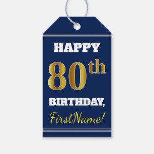 Blue, Faux Gold 80th Birthday + Custom Name Gift Tags