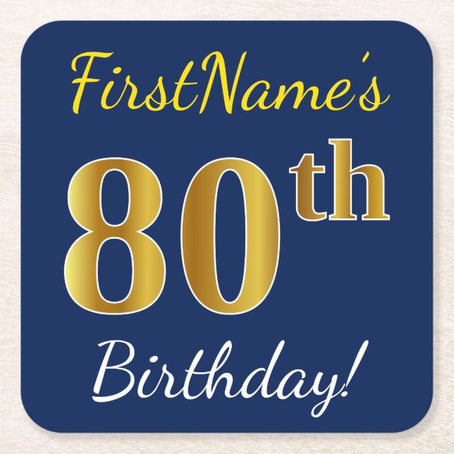 Blue, Faux Gold 80th Birthday + Custom Name Square Paper Coaster (Front)