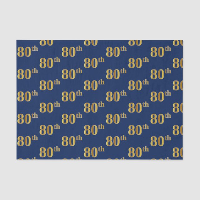 Blue, Faux Gold 80th (Eightieth) Event Tissue Paper (Front)