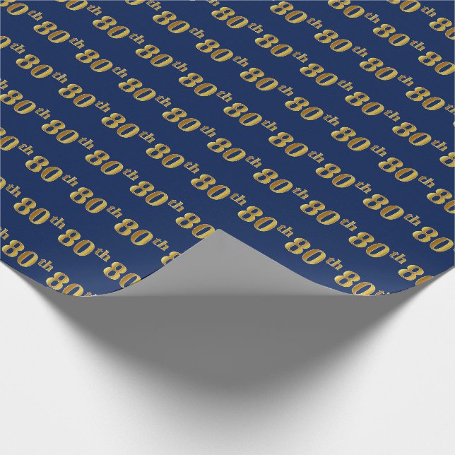 Blue, Faux Gold 80th (Eightieth) Event Wrapping Paper (Corner)