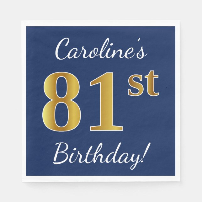 Blue, Faux Gold 81st Birthday + Custom Name Napkin (Front)