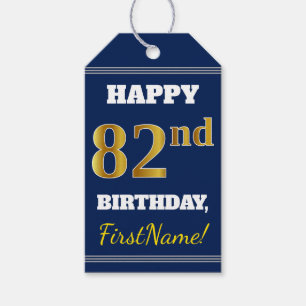 Blue, Faux Gold 82nd Birthday + Custom Name Gift Tags