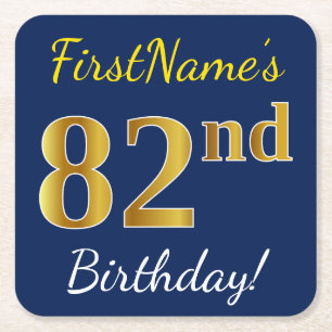 Blue, Faux Gold 82nd Birthday + Custom Name Square Paper Coaster