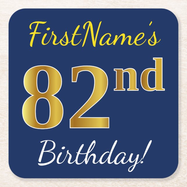 Blue, Faux Gold 82nd Birthday + Custom Name Square Paper Coaster (Front)