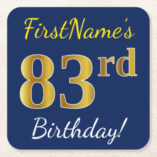 Blue, Faux Gold 83rd Birthday + Custom Name Square Paper Coaster