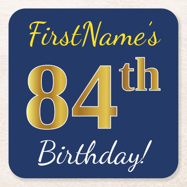 Blue, Faux Gold 84th Birthday + Custom Name Square Paper Coaster (Front)