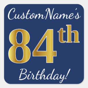 Blue, Faux Gold 84th Birthday + Custom Name Square Sticker