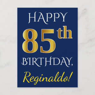 Blue, Faux Gold 85th Birthday + Custom Name Postcard