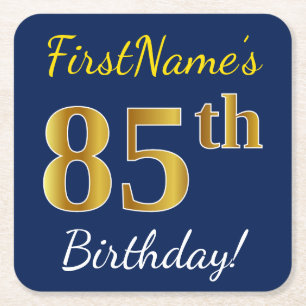 Blue, Faux Gold 85th Birthday + Custom Name Square Paper Coaster