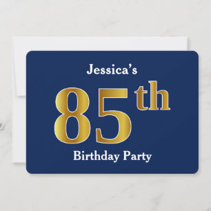 Blue, Faux Gold 85th Birthday Party + Custom Name Invitation