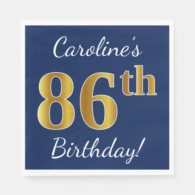 Blue, Faux Gold 86th Birthday + Custom Name Napkin (Front)