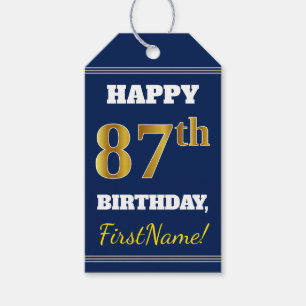 Blue, Faux Gold 87th Birthday + Custom Name Gift Tags