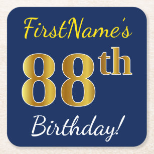 Blue, Faux Gold 88th Birthday + Custom Name Square Paper Coaster