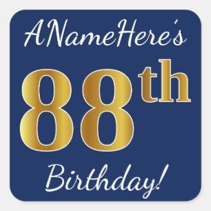 Blue, Faux Gold 88th Birthday + Custom Name Square Sticker