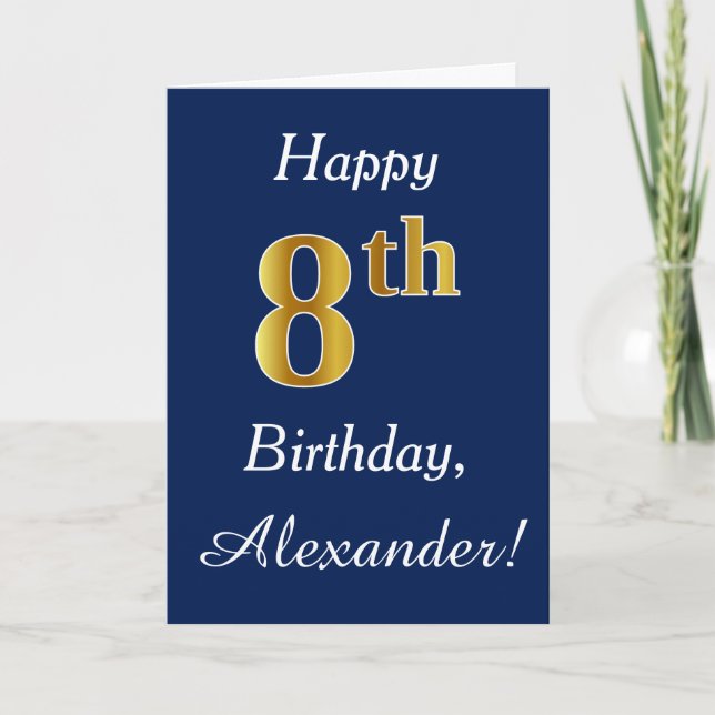 Blue, Faux Gold 8th Birthday + Custom Name Card (Front)