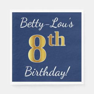 Blue, Faux Gold 8th Birthday + Custom Name Napkin