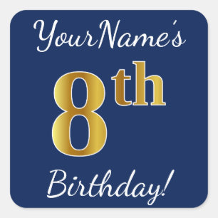 Blue, Faux Gold 8th Birthday + Custom Name Sticker