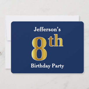 Blue, Faux Gold 8th Birthday Party + Custom Name Invitation