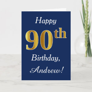 Blue, Faux Gold 90th Birthday + Custom Name Card
