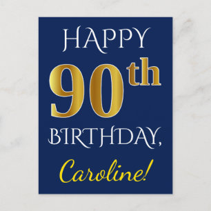 Blue, Faux Gold 90th Birthday + Custom Name Postcard