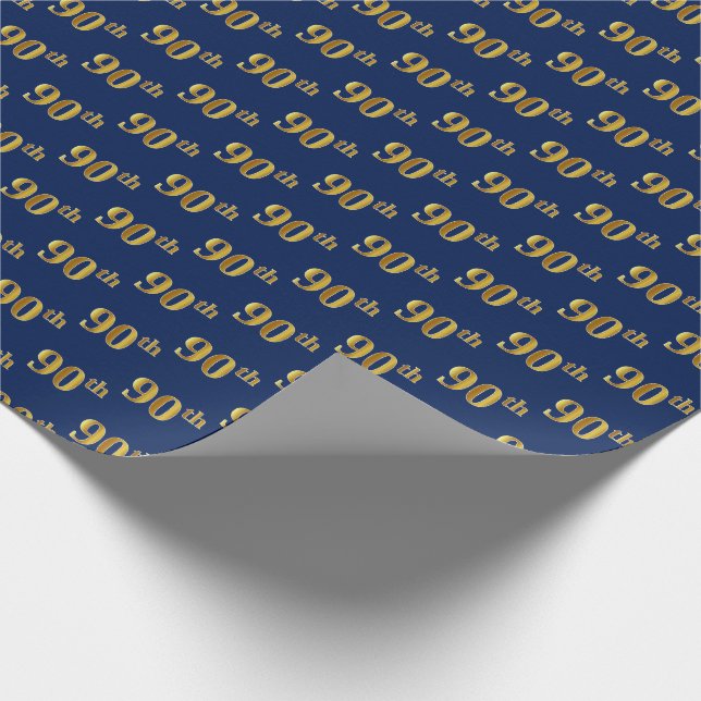 Blue, Faux Gold 90th (Ninetieth) Event Wrapping Paper (Corner)