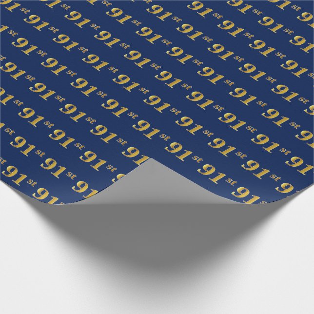 Blue, Faux Gold 91st (Ninety-First) Event Wrapping Paper (Corner)