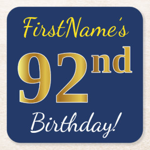 Blue, Faux Gold 92nd Birthday + Custom Name Square Paper Coaster