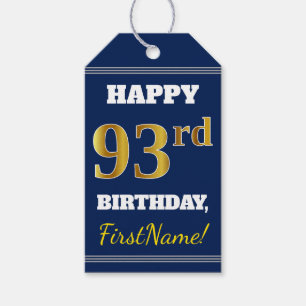 Blue, Faux Gold 93rd Birthday + Custom Name Gift Tags
