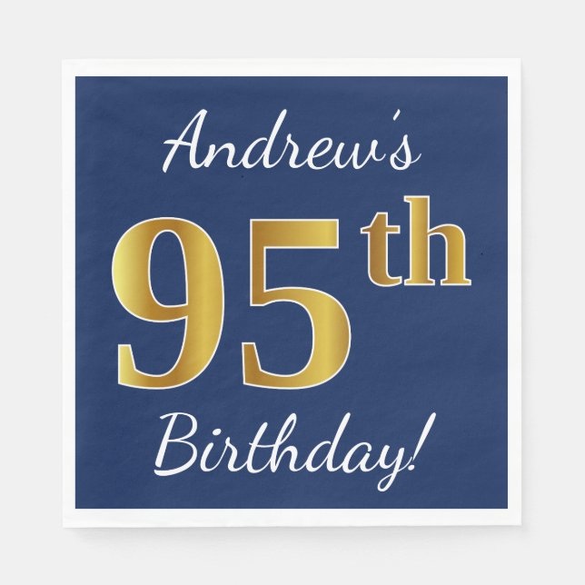Blue, Faux Gold 95th Birthday + Custom Name Napkin (Front)
