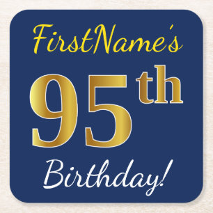 Blue, Faux Gold 95th Birthday + Custom Name Square Paper Coaster
