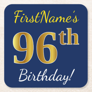 Blue, Faux Gold 96th Birthday + Custom Name Square Paper Coaster