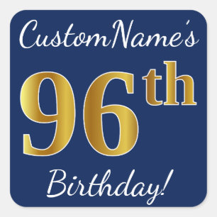 Blue, Faux Gold 96th Birthday + Custom Name Square Sticker