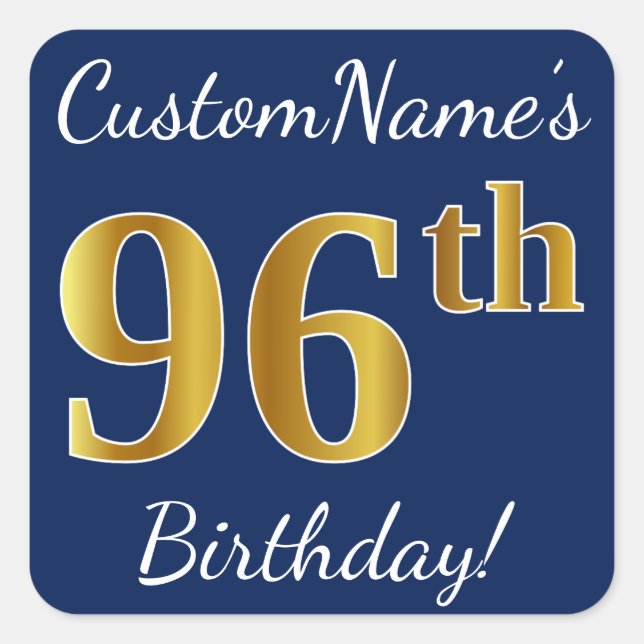 Blue, Faux Gold 96th Birthday + Custom Name Square Sticker (Front)
