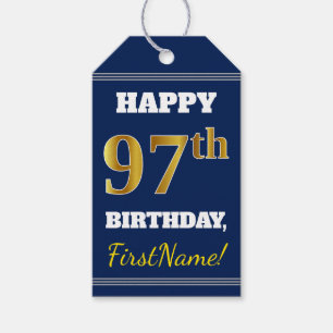 Blue, Faux Gold 97th Birthday + Custom Name Gift Tags