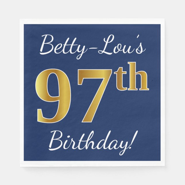 Blue, Faux Gold 97th Birthday + Custom Name Napkin (Front)