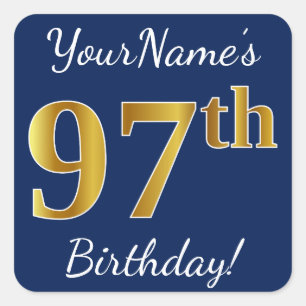 Blue, Faux Gold 97th Birthday + Custom Name Square Sticker