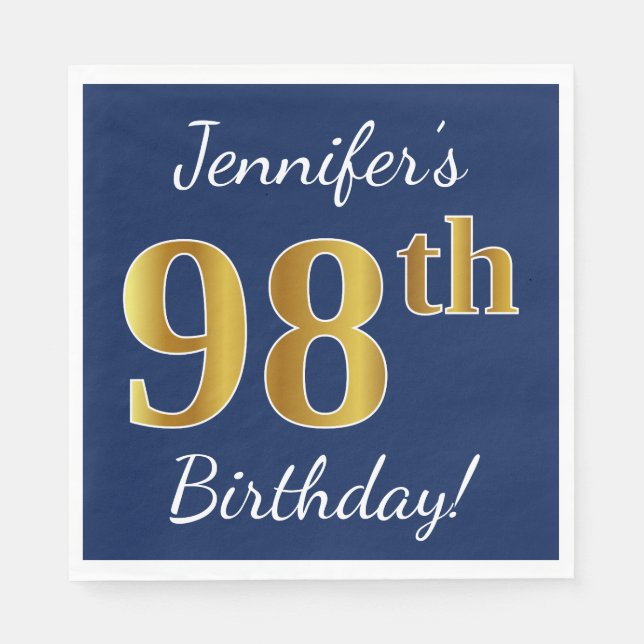 Blue, Faux Gold 98th Birthday + Custom Name Napkin (Front)
