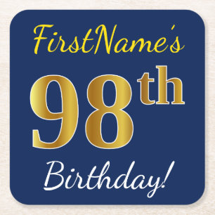 Blue, Faux Gold 98th Birthday + Custom Name Square Paper Coaster