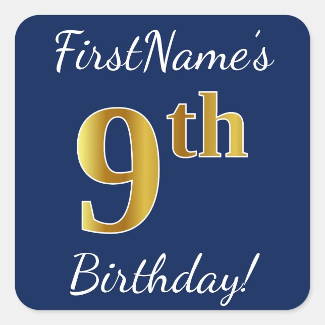 Blue, Faux Gold 9th Birthday + Custom Name Sticker (Front)