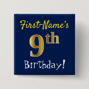 Blue, Faux Gold 9th Birthday, With Custom Name 15 Cm Square Badge