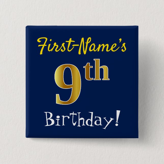 Blue, Faux Gold 9th Birthday, With Custom Name 15 Cm Square Badge (Front)